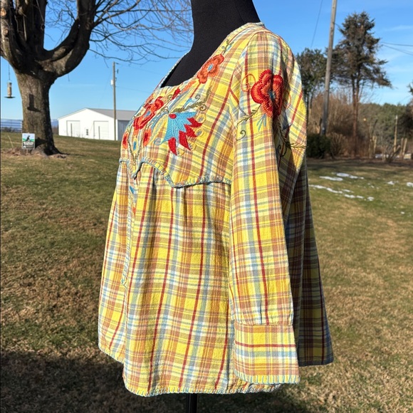 Sister Mary Yellow Blue Plaid Floral Embroidery BoHo 3/4 Sleeves Tunic Blouse Lg - Picture 6 of 11